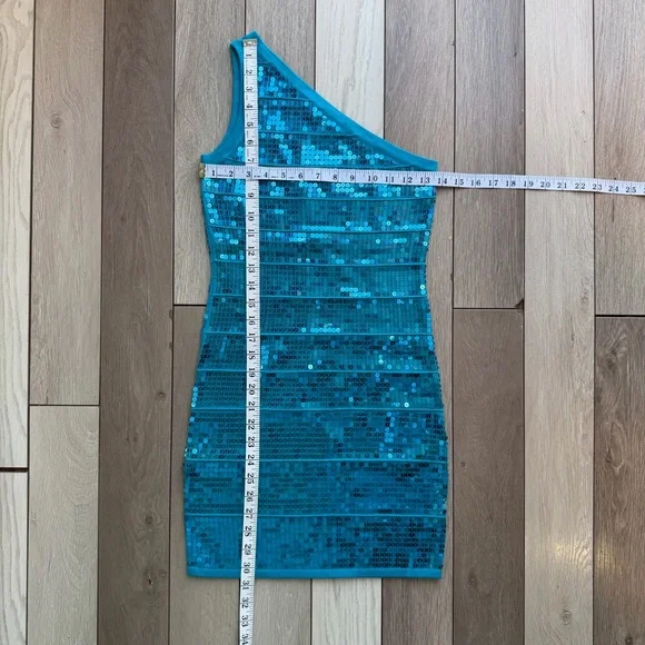 WOWCOUTURE Y2K teal blue one-shoulder full sequin dress - Picture 3 of 5